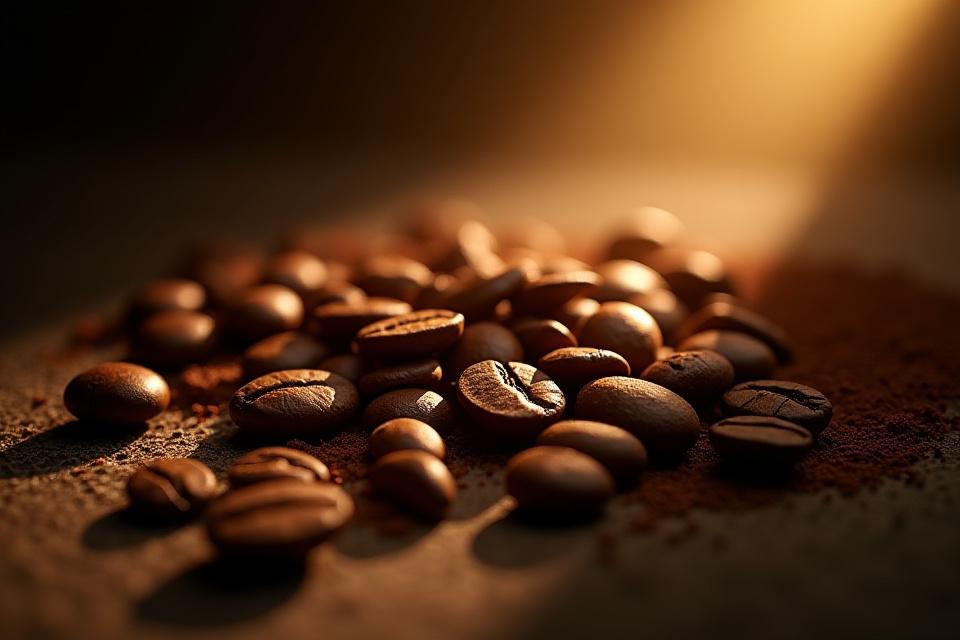 Artfully arranged coffee beans illuminated by a warm, soft light within the cafe