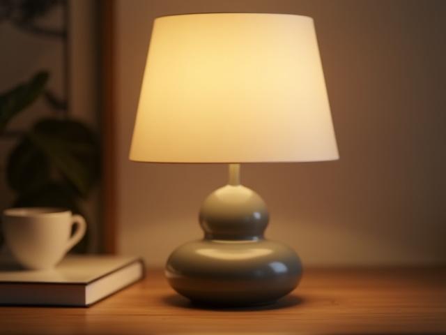 A detailed shot of a modern table lamp with warm light on a wooden surface