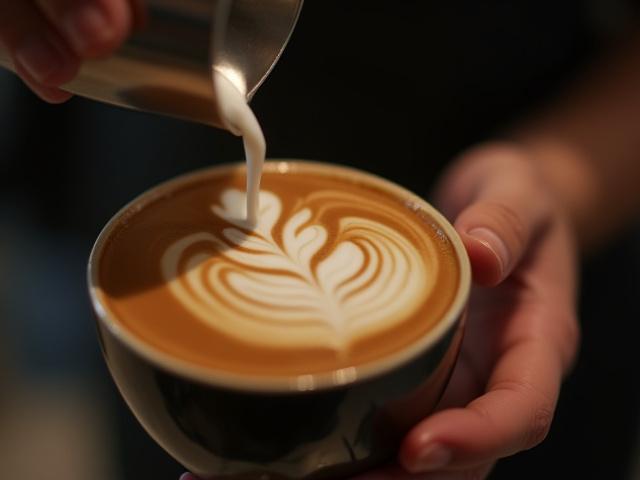 A barista pouring latte art into a cup with rich, dark coffee